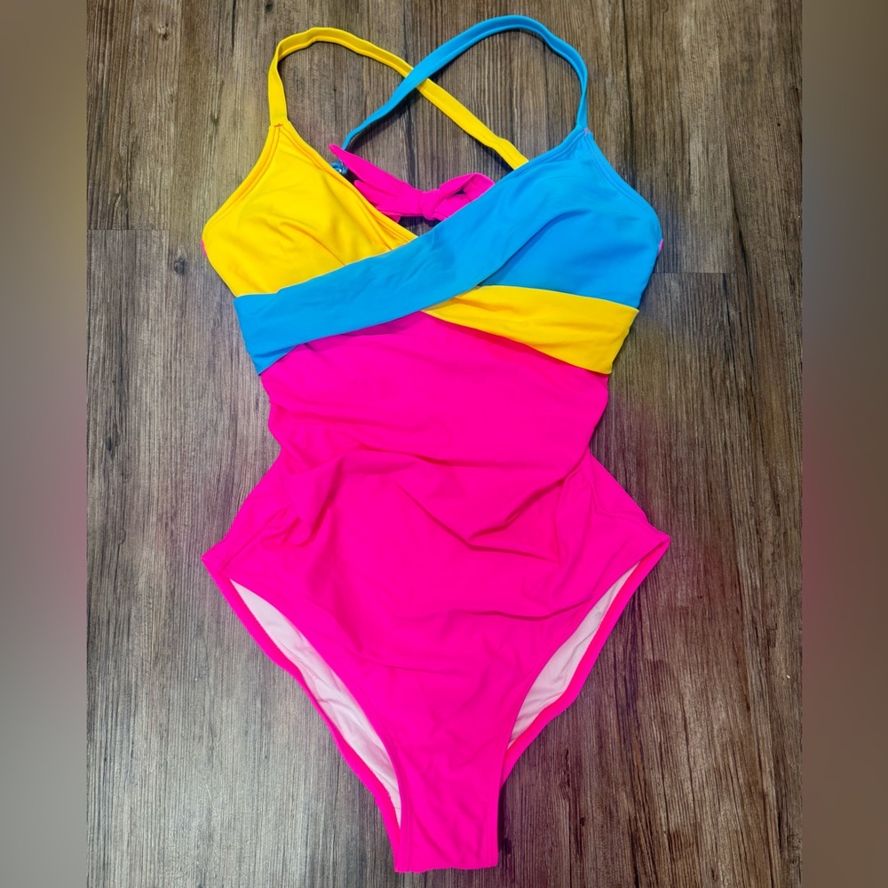 Pink Blue Yellow Criss Cross One-Piece Swimsuit | Women’s Small | NWT